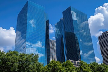 Modern skyscrapers reflecting a vibrant sky. Lush greenery surrounds the towering structures