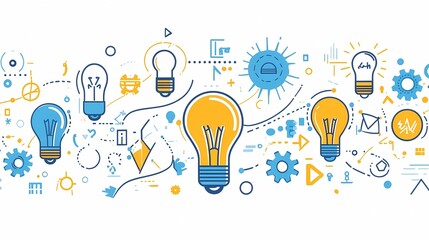 World Creativity and Innovation Day concept illustration in line art style, highlighting a dynamic scene of interconnected lightbulbs, gears, and abstract shapes, with a harmonious and unique color 