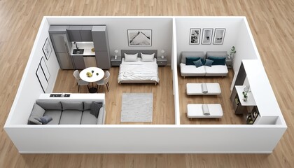 Modern Studio Apartment Floor Plan, Bird's Eye View
