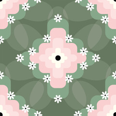 Grandma-Inspired Geometric Shapes & Retro Floral Vector Seamless Pattern for Digital Paper, Vintage Floral Design, Bold Geometric Elements, 70s Retro Style, Seamless Pattern for Scrapbooking, Invitati