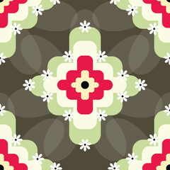 Grandma-Inspired Geometric Shapes & Retro Floral Vector Seamless Pattern for Digital Paper, Vintage Floral Design, Bold Geometric Elements, 70s Retro Style, Seamless Pattern for Scrapbooking, Invitati