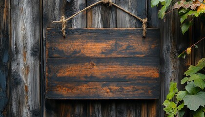 Blank wood signboard hanging on vintage wooden door, rustic planks wall backdrop, weathered wood surface, customizable mockup for signage