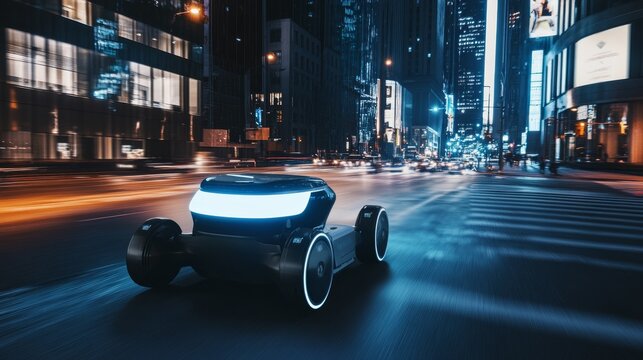 An AI powered food delivery robot navigating city streets, ensuring efficient route optimization for timely deliveries, glowing navigation interface