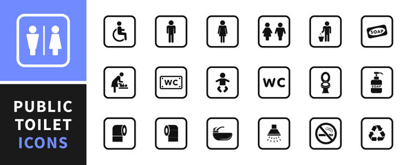 Public toilet icon set. Toilet signs for male, female, disabled, baby. People icon set. Toilet icons. No smoke sign. Recycle sign. Restroom for boy or girl. Vector illustration