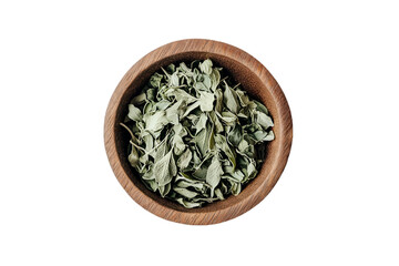 Dried Sage Leaves in Wooden Bowl Dark Background