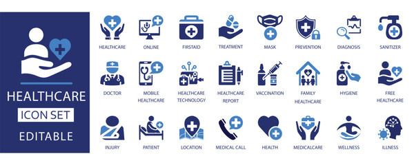 Healthcare icon set. Featuring flat vector icons. Includes treatment, vaccination, diagnosis, hygiene, wellness, and more. Perfect for medical apps, websites, infographics, and presentations.