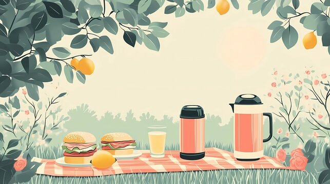 A National Picnic Day flat vintage illustration in retro poster style, featuring a classic American picnic scene with vintage typography, thermos, sandwiches, and lemonade, styled with a warm