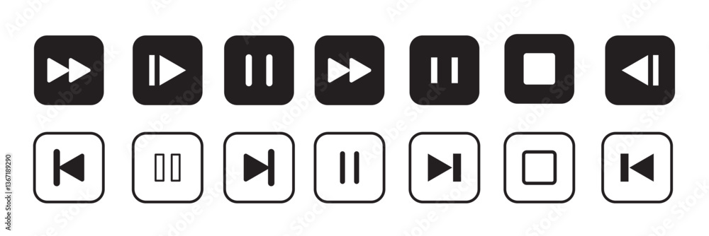 Poster media player button icons set. pause, rewind, fast forward icon. ui elements. music player buttons. 