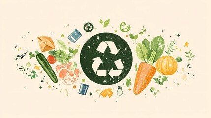 Minimalist flat grunge design for Stop Food Waste Day, featuring abstract elements like leftover food, recycling icons, and a globe, with a harmonious blend of muted greens, earthy browns