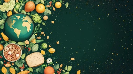 Stop Food Waste Day celebration in flat grunge style, showcasing a variety of elements like leftover food, recycling icons, and a globe, with a unique and harmonious color palette of greens, browns, a