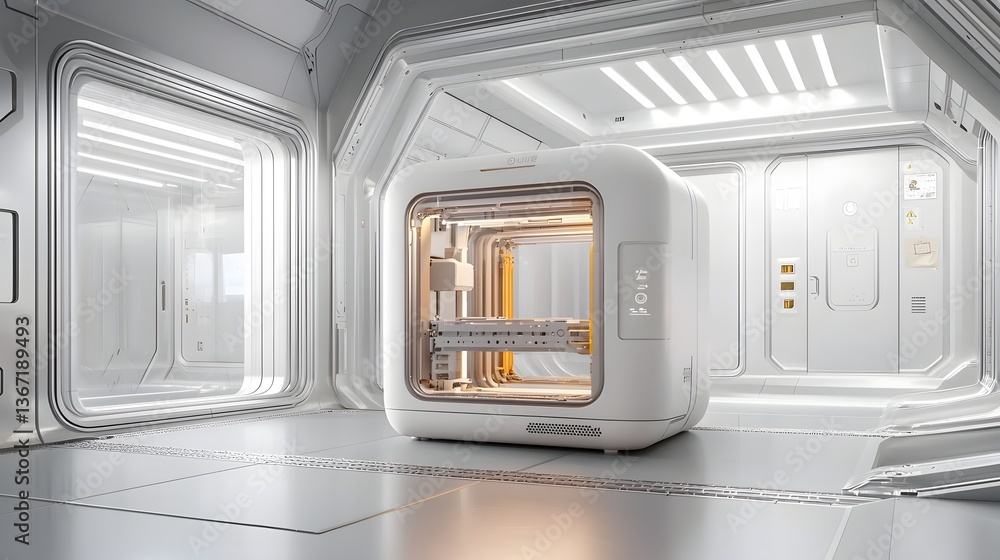 Aufkleber futuristic 3d printer fabricating tools and components in a zero gravity environment for future spac
