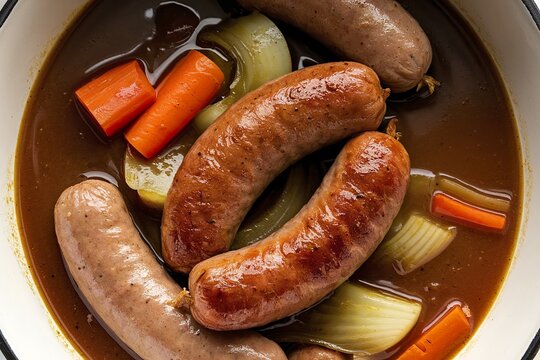 roasted sausages stewed in gravy in a bowl