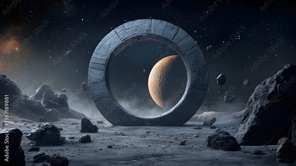 Poster rendering of a massive ring shaped space habitat in orbit around a distant exoplanet showcasing a fu