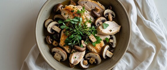 Atop view of tight shot of a plate filled with mushrooms and chicken garnished with herbs on a bowl