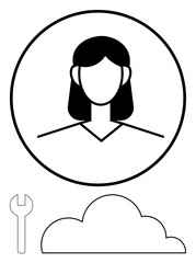 Female avatar inside a circle with a cloud and wrench symbol below. Ideal for user identity, cloud storage, profile setup, IT services, digital customization, tech support, simple flat metaphor