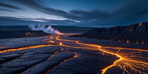 Naklejka premium Lava flow spreading across dark volcanic landscape with glowing molten cracks at dusk