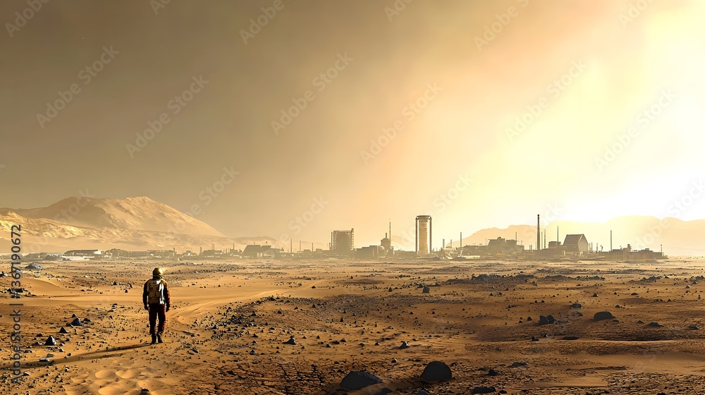 Poster expansive and technologically advanced martian city with a sprawling infrastructure and ongoing terr