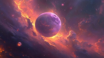 Obraz premium Colorful Cosmic Scene Featuring a Vibrant Planet Surrounded by Nebulae in Deep Space