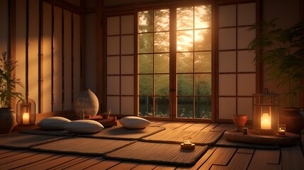 Zen meditation room interior design for mindfulness and relaxation with natural light and peaceful atmosphere