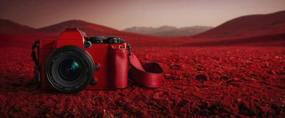 Bright red camera on red terrain with mountains in background during sunset