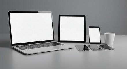 Sleek Device Mockups: Laptop, Tablet, Phone on Gray Surface