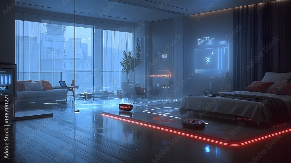 Poster futuristic automated water leak detection system integrated into a smart home network for seamless m
