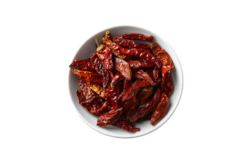 Dried red chilies in a white bowl spicy food ingredient