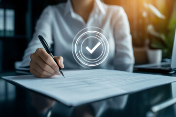 Businesswoman signing official document with pen and digital check mark icon representing online approval and verification