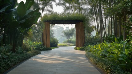A charming entrance with a bamboo arch, stone pathway, and lush greenery for a welcoming feel.