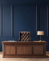 Empty executive office with wooden desk and dark blue wall