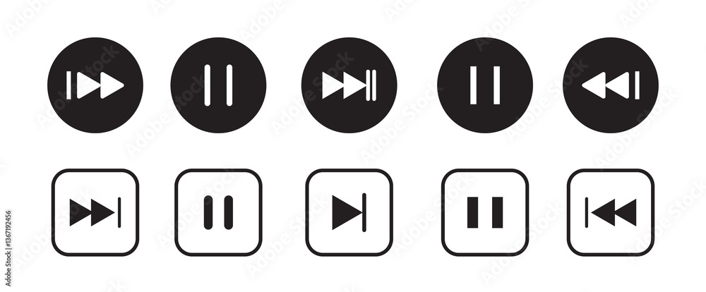 Poster set of media player button icons. play and pause buttons, video audio player, player button set icon