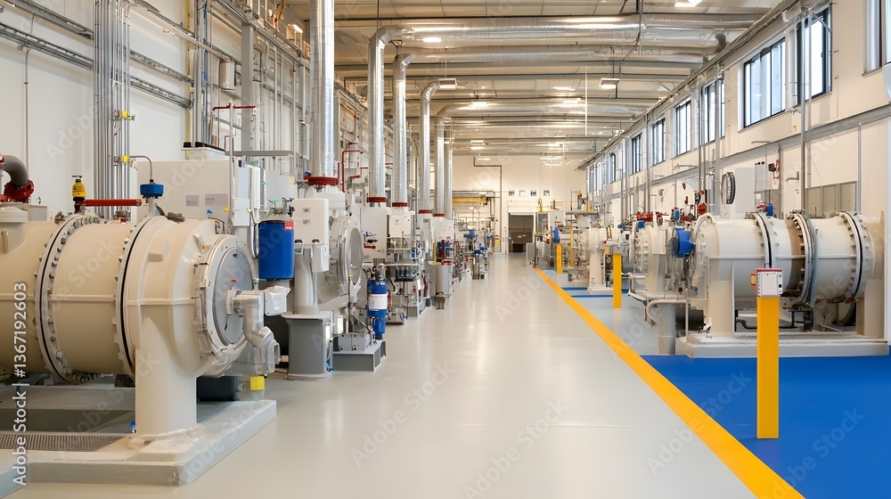 Poster comprehensive view of a large scale industrial facility featuring a complex network of high pressure