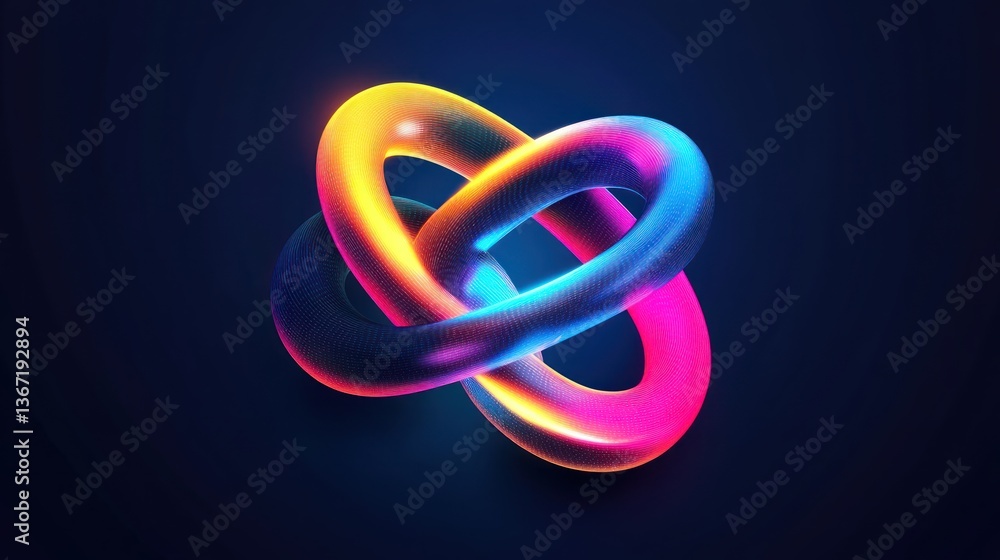 Poster intertwined luminous rings with vibrant spectrum on dark gradient background