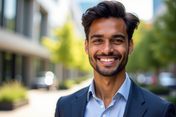 Obraz premium Portrait of a confident young entrepreneur smiling brightly while standing outdoors in a modern urban environment