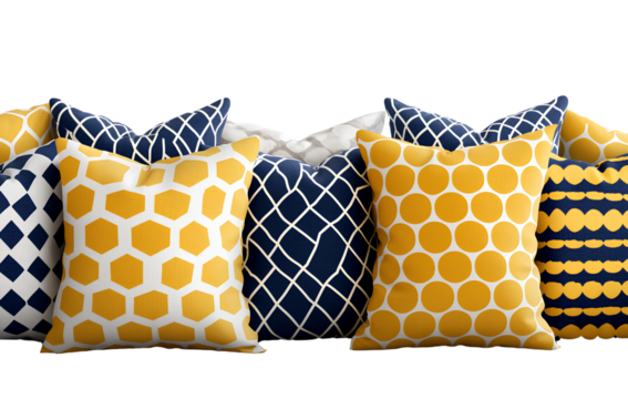 Set of yellow and blue pillows with geometric patterns, isolated on a transparent background  - Powered by Adobe