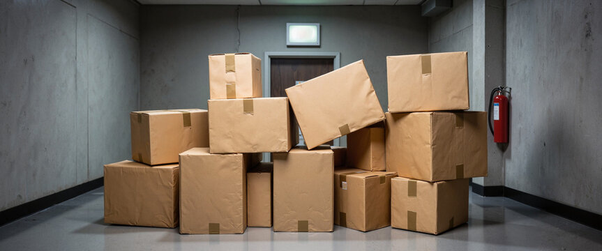 Industrial cardboard boxes blocking emergency exit in dim corridor, urgency