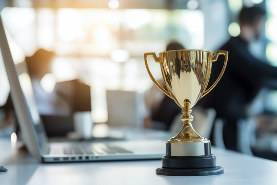Golden trophy placed beside laptop on office desk