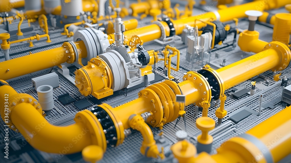 Poster detailed 3d rendering of an intricate industrial gas pipeline distribution system schematic