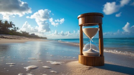 serene beachside hourglass symbolizing time running out against a tropical backdrop
