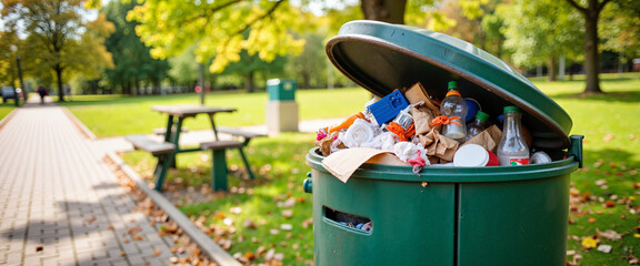 Fototapeta premium Overflowing trash can in city park, urban neglect