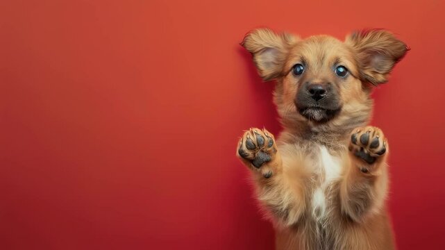 Brown puppy rising up on hind legs with paws up against red background clip. Cute dog looking at the camera motion picture. Playful animal greeting and joy footage.