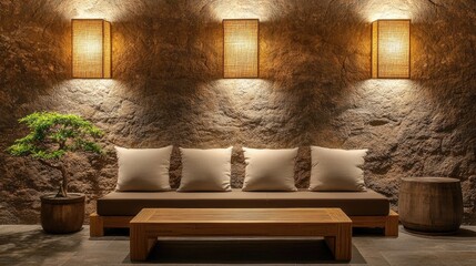 A contemporary living room featuring a bamboo coffee table, an elegant bonsai tree, and soft golden lighting.