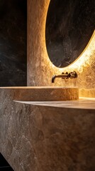 Elegant bathroom design featuring a stone sink and illuminated mirror