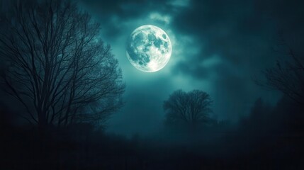 Naklejka premium Enchanting Moonlit Night Landscape with Silhouetted Trees and Dramatic Clouds in the Sky