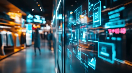 An AI powered personalized shopping experience, analyzing customer behavior and offering real-time product recommendations based on previous purchases and preferences, glowing shopping interface