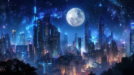 Futuristic City Skyline Under a Starry Night Sky with a Bright Full Moon in a Magical Atmosphere