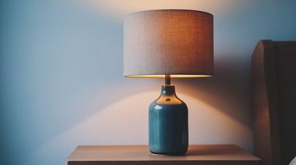 A cozy bedroom nightstand featuring a small porcelain lamp with a cream-brown lampshade.