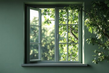 Open window with tree branches and sunlight filtering in, creating a serene atmosphere.