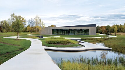 Sustainable green building with an advanced rainwater collection and reuse piping system featuring an eco friendly design that promotes water conservation and renewable energy practices