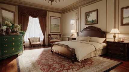 A cozy bedroom with soft cream walls, a jade green dresser, and reddish-brown wooden flooring, bathed in warm lighting.